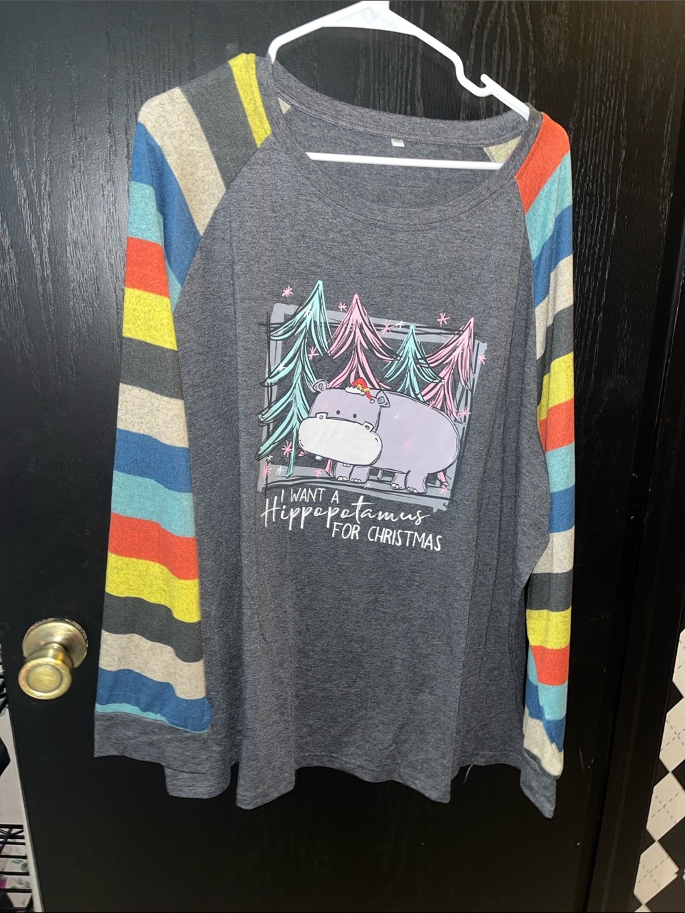 Gray Hippo Graphic Long-Sleeve Tee Colorful Striped Raglan Sleeves Christmas 🎄